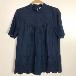 Navy Anthropologie blouse, high neck eyelet design